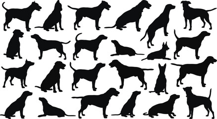 Silhouette illustration showing various poses and breeds of dogs against a white background art design