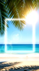 Fototapeta premium Tropical beach with palm leaves sun flare and glowing square frame tree