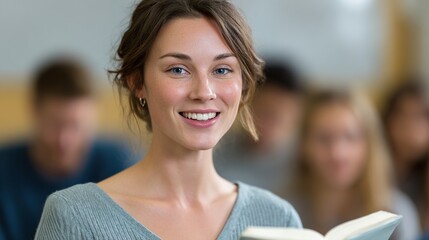 Teacher's Grace in the Classroom: A portrait of an inspiring female teacher, exudes warmth and knowledge while engaging with students. Her smile is a testament to the power of education.
