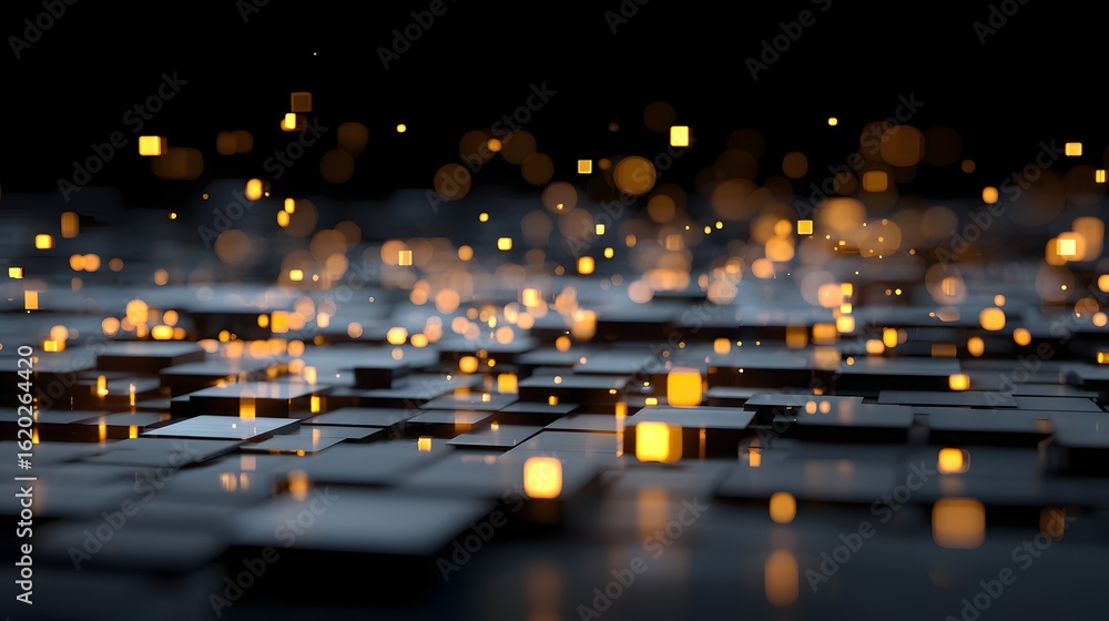 Poster abstract design of squares with glowing particles.