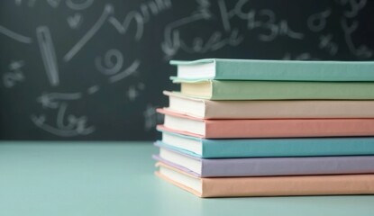 Horizontal stack of pastel softcover books on light green surface, blurred blackboard with white math formulas in background. Ideal for themes of education, science, creativity
