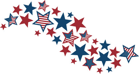 Patriotic stars in red white and blue arranged in a wave pattern on a plain white background design silhouette
