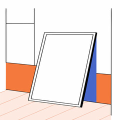 Blank white poster in light wood frame leaning on white wall with soft natural lighting