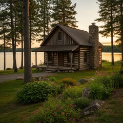 Rustic Log Cabin by Lake at Sunset