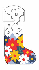 Colorful boot filled with blooming flowers, raindrops, and mountain scenery in whimsical, cheerful design