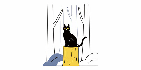 Black cat with yellow eyes sits calmly on tree stump in quiet, snowy forest