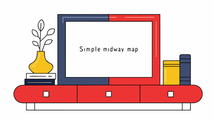 Blank frame mockup on red oak sideboard with books and vase, Simple midway map