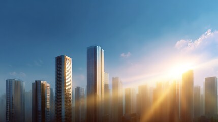 Fototapeta premium Skyscrapers and Sunrise: The city awakens as skyscrapers rise against the sky, catching the vibrant glow of the morning sun. Capturing the essence of urban progress and boundless ambition.