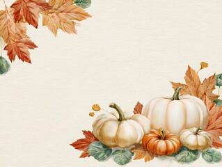 Autumn Pumpkin Arrangement with Fall Leaves on Light Textured Background