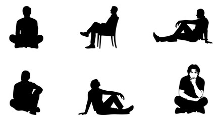 Vector art of collection of silhouettes of men sitting in various poses, isolated on transparent background