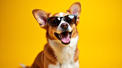Playful Dog Wearing Sunglasses on Yellow Background