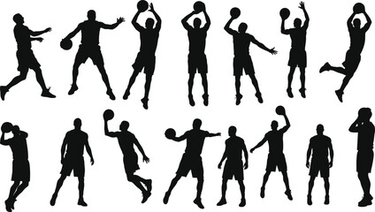 Basketball player silhouette vector, action pose athlete design, slam dunk sketch drawing, sportsman movement clipart, cad drawing flat vector illustration
