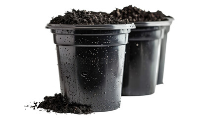 Soil in plastic pots on transparent background