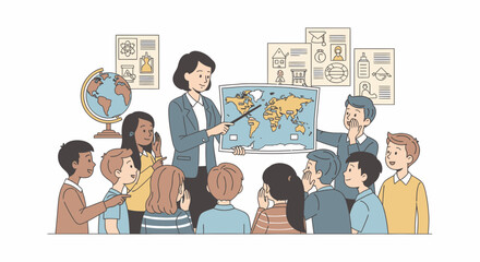 A teacher pointing at a world map, explaining geography to a class of attentive elementary school children.