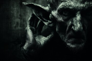Fototapeta premium A surreal figure with a distorted face and elongated ears, evokes a sense of mystery and intrigue. Unique and unsettling appearance of the character. Eavesdropping concept.