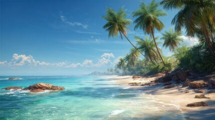 Fototapeta premium Palm Trees on Idyllic Tropical Beach with Blue Ocean