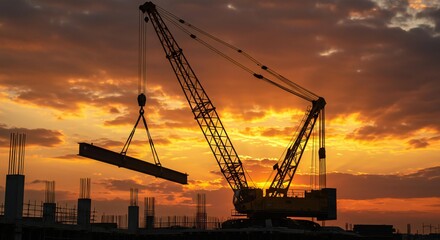 Fototapeta premium Silhouette of a crane lifting a steel beam against a vibrant sunset at a construction site