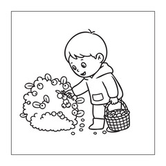 Cartoon Boy Picking Berries into a Basket, Nature Coloring Page