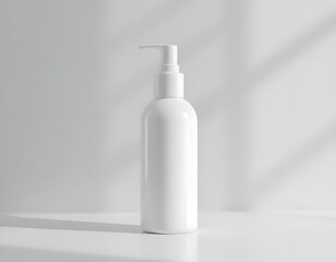 A white plastic bottle with a pump dispenser on a white surface with a light shadow behind it
