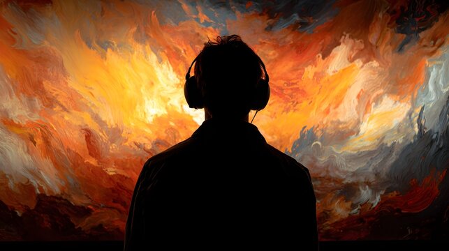 Person in Silhouette Wearing Headphones Observing a Dynamic Abstract Painting with Fiery Hues - Powered by Adobe