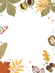  Vertical background featuring border of various autumn elements: colorful leaves, chestnuts, walnuts, acorns, pine cones, and rosehips Ideal for seasonal greetings, promotions, or social media posts.