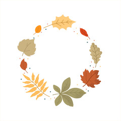 A beautiful wreath illustration composed of various colorful autumn leaves and small scattered dots. Perfect for fall-themed greetings, invitations, and seasonal decorations.