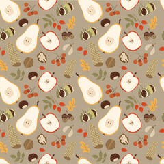 A delightful seamless pattern featuring various autumn elements: apples, pears, walnuts, chestnuts, rosehips, pine cones, acorns, and oak leaves. Perfect for fabric, packaging, and seasonal designs.
