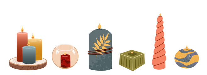 A horizontal set of decorative candles in various shapes, colors, and styles, including pillar, votive, twisted, and a unique spherical design. Perfect for home decor, spa, relaxation  themes.