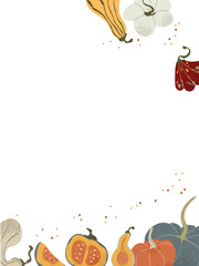 A vibrant vertical background featuring an assortment of colorful pumpkins and gourds at the top and bottom, with ample white space for text. Perfect for seasonal greetings or event promotions.