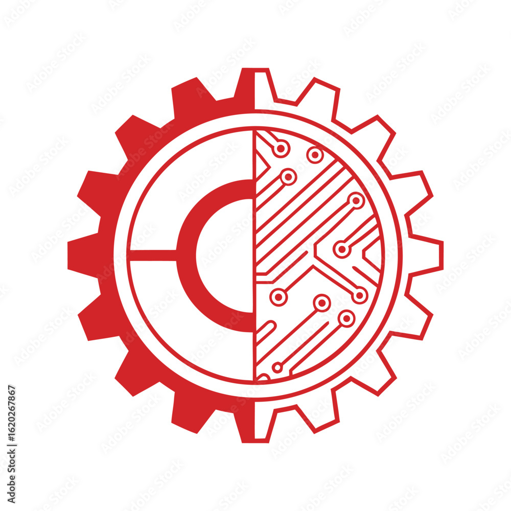 Poster red gear with circuit board pattern and abstract circular design on white background wheel mechanica