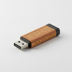 Wooden USB Flash Drive with Cork Texture on White Background