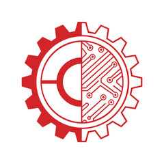 Red gear with circuit board pattern and abstract circular design on white background wheel mechanical