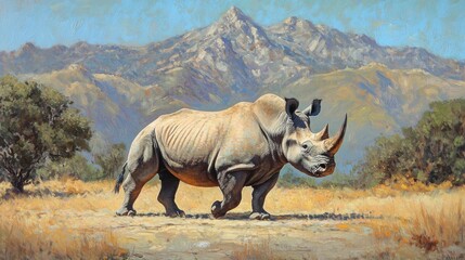Rhinoceros Walking in Front of Mountain Range