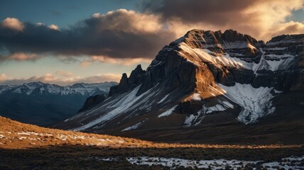 Majestic Mountain Peaks at Sunrise, Snow-Covered Slopes