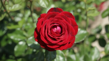 Velvety crimson red rose in full bloom against grayscale bokeh background