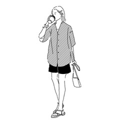 Line drawing of a woman walking while drinking coffee in short pants outfit