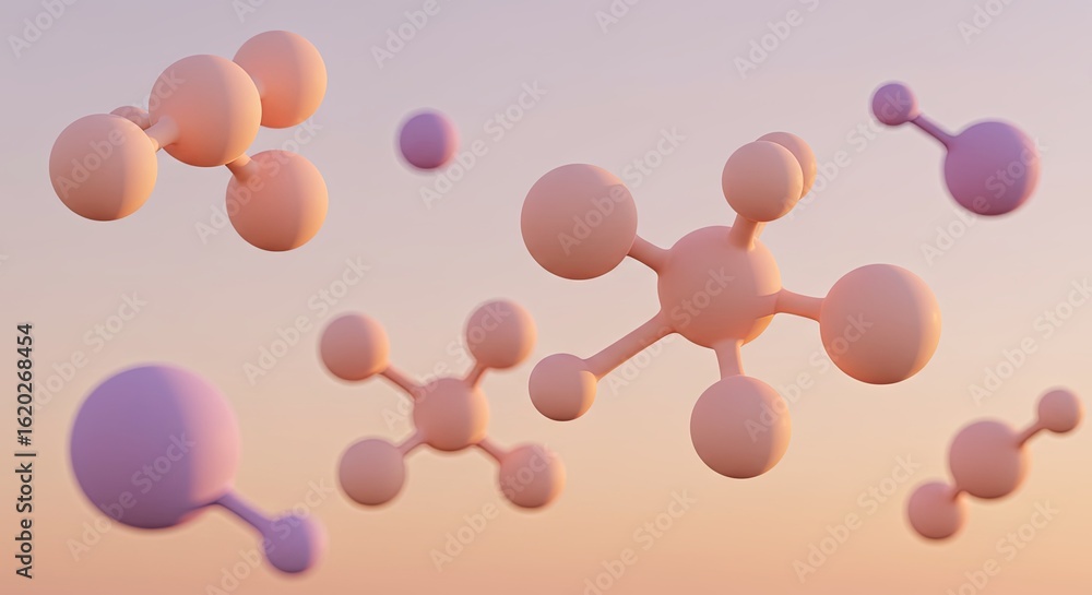 Poster abstract peach and lavender molecular structures: elegant 3d render for modern branding