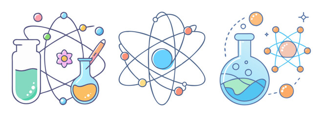 Science laboratory equipment and atom models in a whimsical cartoon illustration