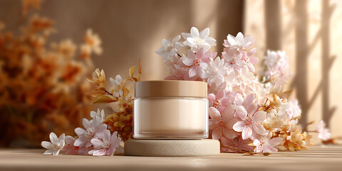Cream Jar with Gold Lid among Pink Flowers

