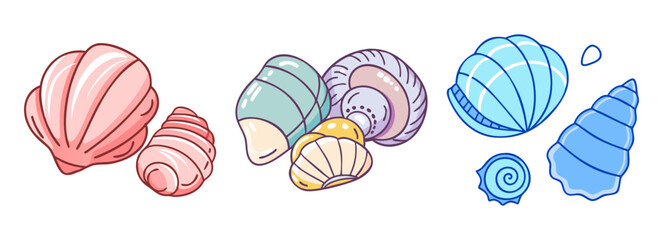 A collection of colorful seashells in various shapes and sizes cartoon style