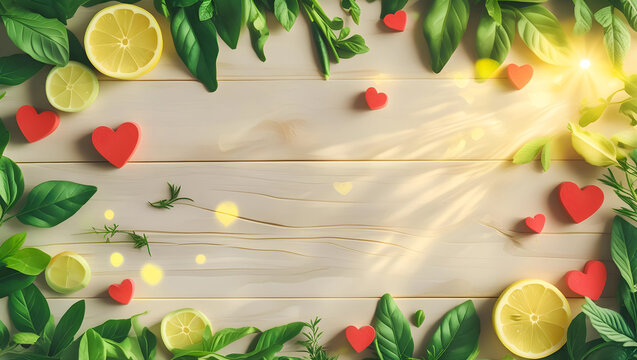  Food-Themed Background Featuring Lemons, Leaves, and Hearts