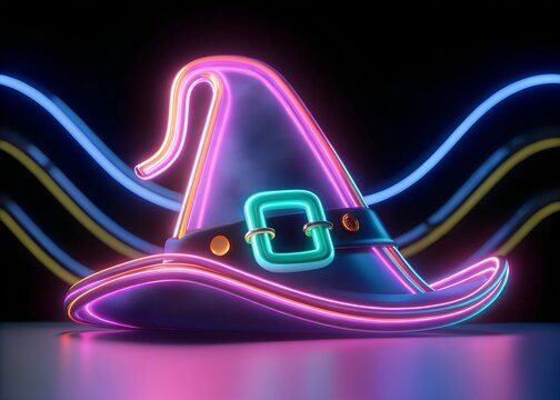 A witch hat adorned with neon lights and a glowing buckle, set against a dark background with wavy lines
