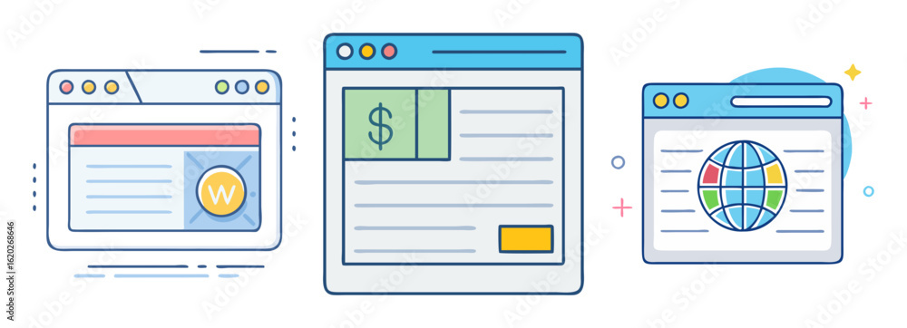Poster illustration of three separate browser windows showing different web content