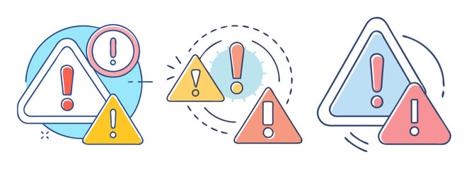 Various triangle shaped warning icons with exclamation points and circle shapes