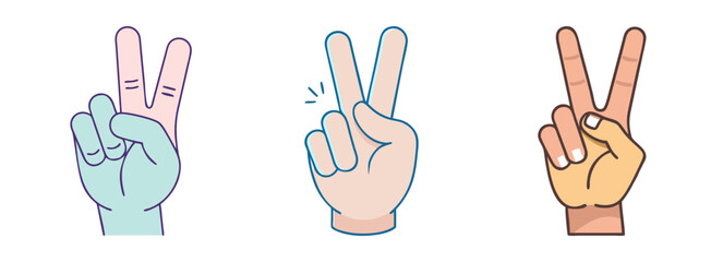 Illustrations of Diverse Hands Displaying the Victory or Peace Sign Gesture