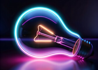A glowing neon lightbulb symbolizing a bright idea and innovation, illuminated with vibrant pink and blue light