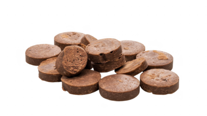 Pile of chocolate discs on transparent background