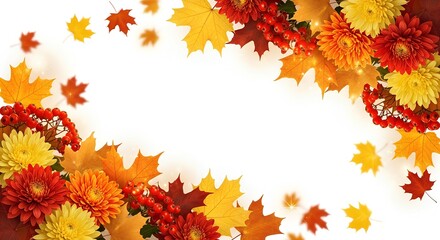 Autumnal frame with colorful fall leaves, chrysanthemums, and rowan berries isolated on a white background with copy space.
