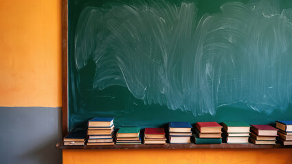 A classroom chalkboard with a shelf full of colorful books
