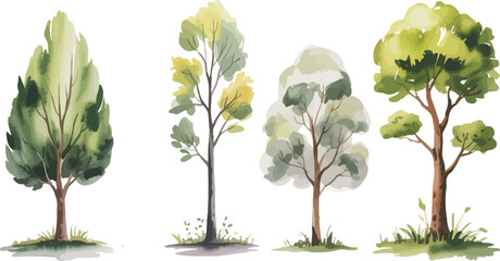 Vector illustration of four stylized watercolor trees in green and gray tones arranged in a horizontal line on a white background

